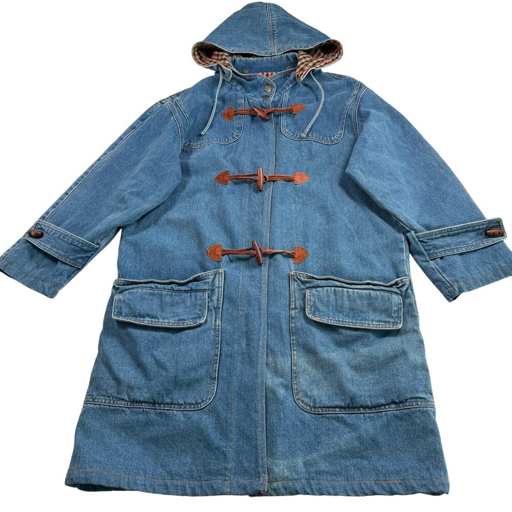 Vintage Forenza long denim duffle coat heavy medium wash plaid lined jacket